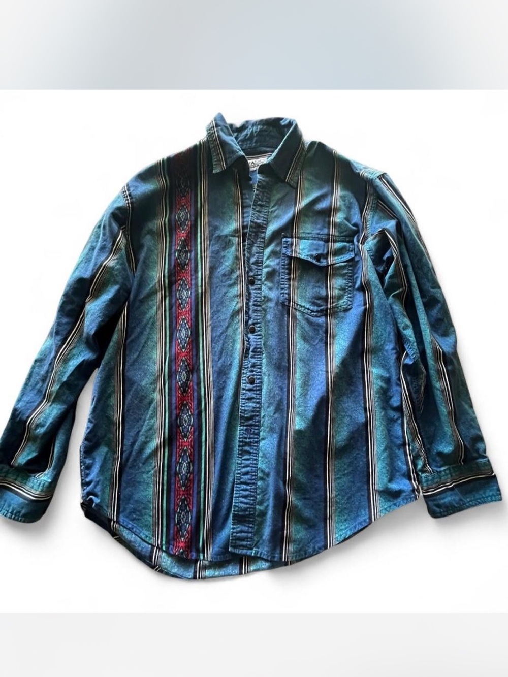 Basic Editions Teal Striped Button-Down Shirt with Red Accent